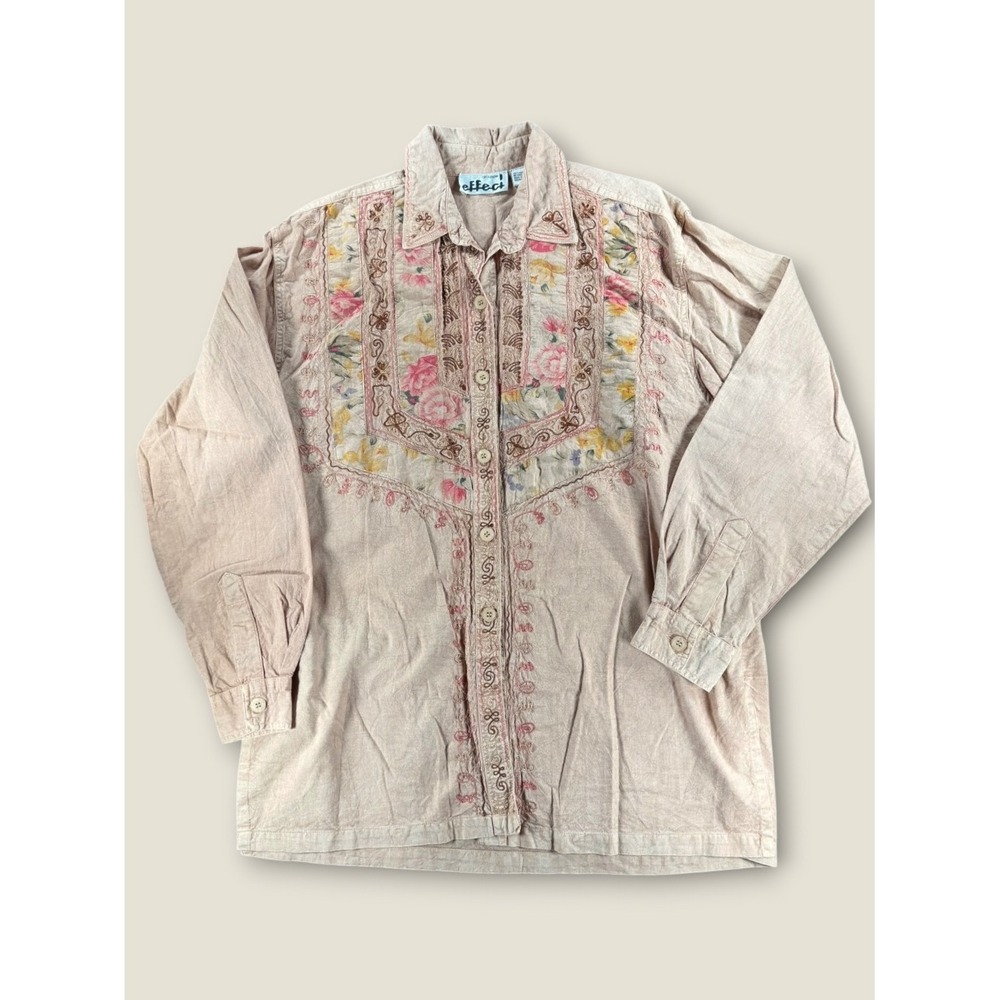 Creazioni Effeci Vintage Embroidered Floral Patchwork Cotton Shirt Peach Large
